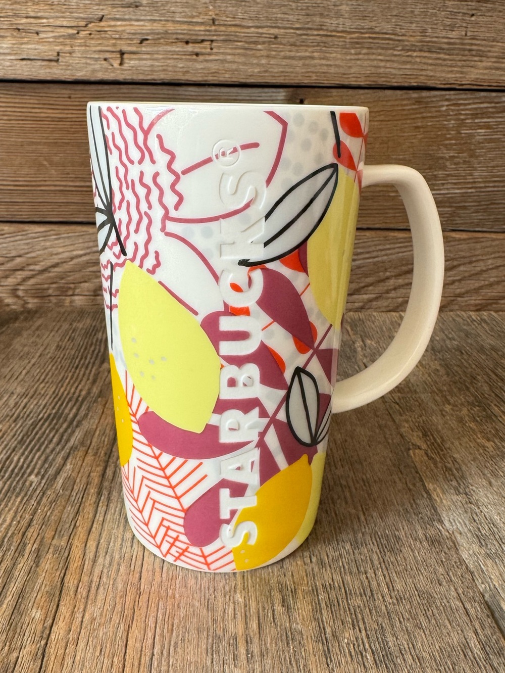 Starbucks Etched Spring Floral Lemons Tropical 16 oz Ceramic Mug.